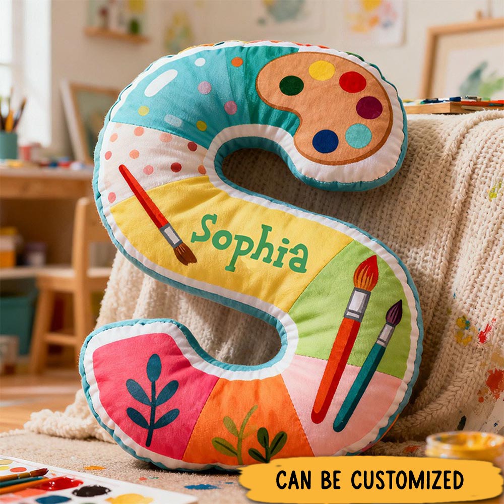 Personalized Graphic 3D Print Little Artist Alphabet Shaped Pillow for Art Lovers Initial Pillow Christmas Gift for Kids