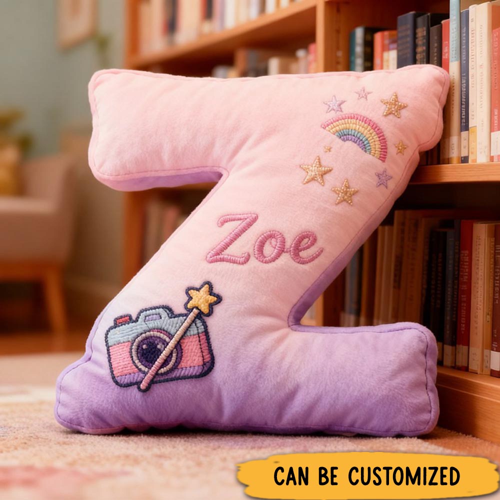 Personalized Graphic 3D Print Magic Camera Letter Pillow with Your Own Name and Initials Soft Stuffed Toy for Kids Unique Decorative Cushion for Girls' Room