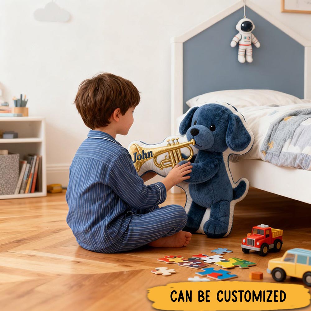 Personalized Graphic 3D Print Navy Blue Dog & Trumpet Pillow With Your Own Name Soft Stuffed Toy for Kids Unique Decorative Cushion for Boys' Room and Playroom
