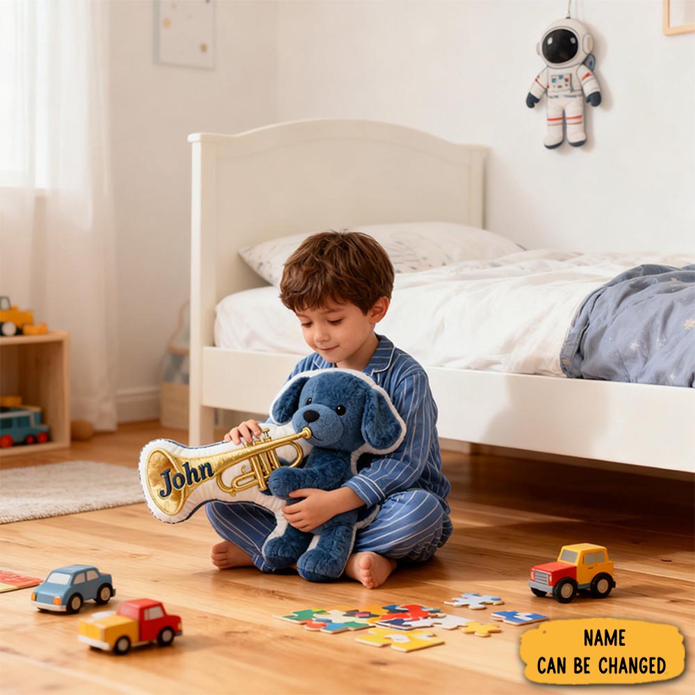 Personalized Graphic 3d Print Navy Blue Dog Trumpet Pillow With Your Own Name Soft Stuffed Toy For Kids Unique Decorative Cushion For Boys Room And Playroom