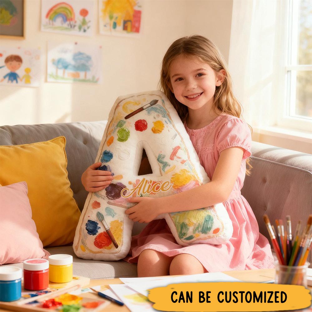 Personalized Graphic 3D Print Oil Painting Artist Alphabet Shaped Pillow for Art Lovers Initial Pillow Christmas Gift for Kids