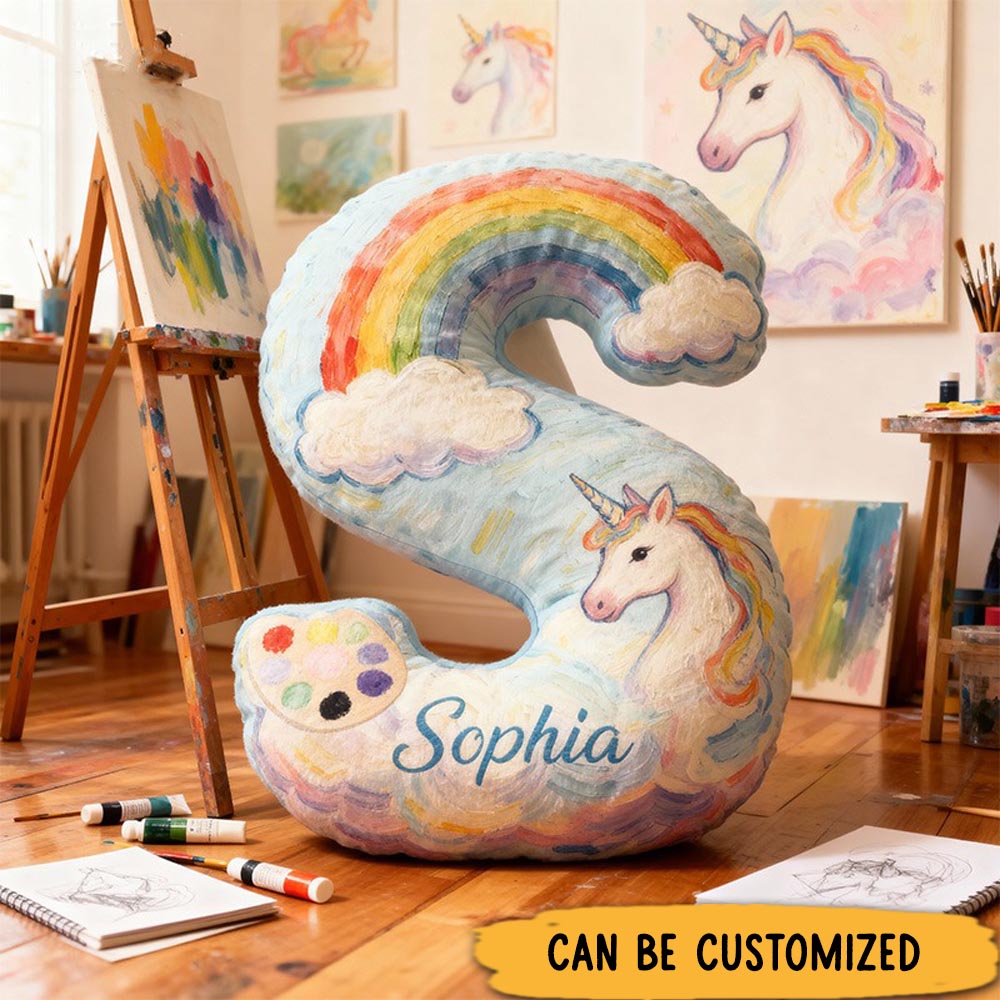 Personalized Graphic 3D Print Oil Painting Style Rainbow Alphabet Shaped Pillow for Art Lovers Initial Pillow Christmas Gift for Kids