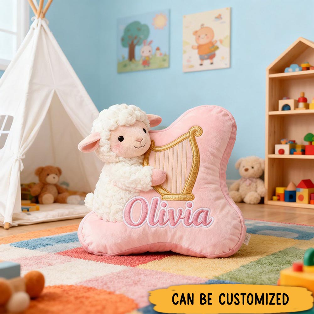 Personalized Graphic 3D Print Pink-White Sheep & Harp Pillow With Your Own Name Soft Stuffed Toy for Kids Unique Decorative Cushion for Girls' Room
