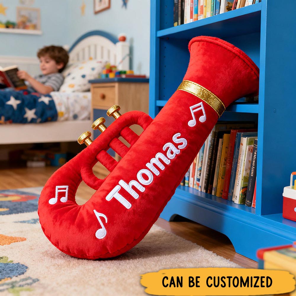 Personalized Graphic 3D Print Trumpet Pillow With Your Own Name Soft Stuffed Toy for Kids Music Lovers Unique Decorative Cushion for Kids' Room and Music Room