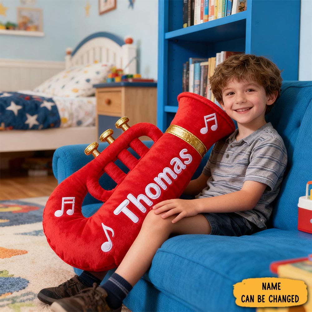 Personalized Graphic 3d Print Trumpet Pillow With Your Own Name Soft Stuffed Toy For Kids Music Lovers Unique Decorative Cushion For Kids Room And Music Room