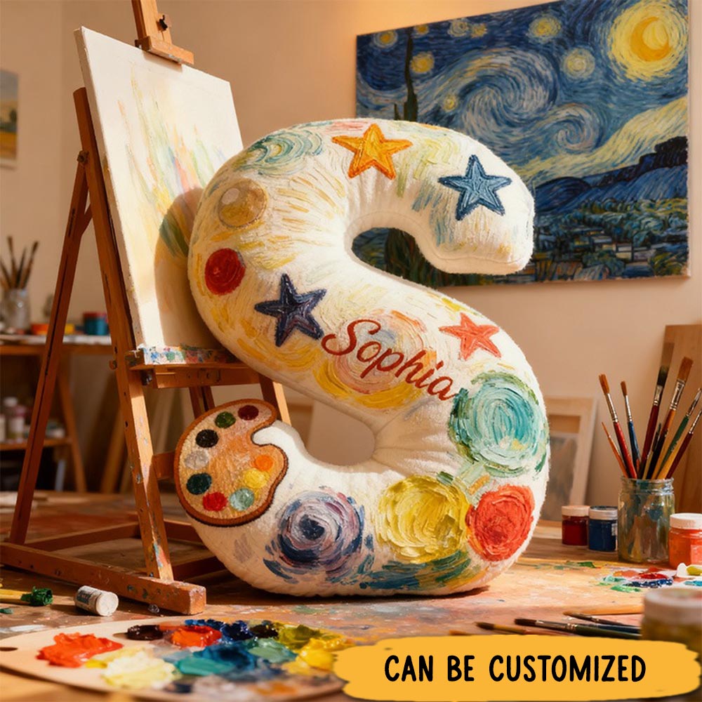 Personalized Graphic 3D Print Van Gogh Inspired Moonlight Night Alphabet Shaped Pillow for Art Lovers Initial Pillow Christmas Gift for Kids