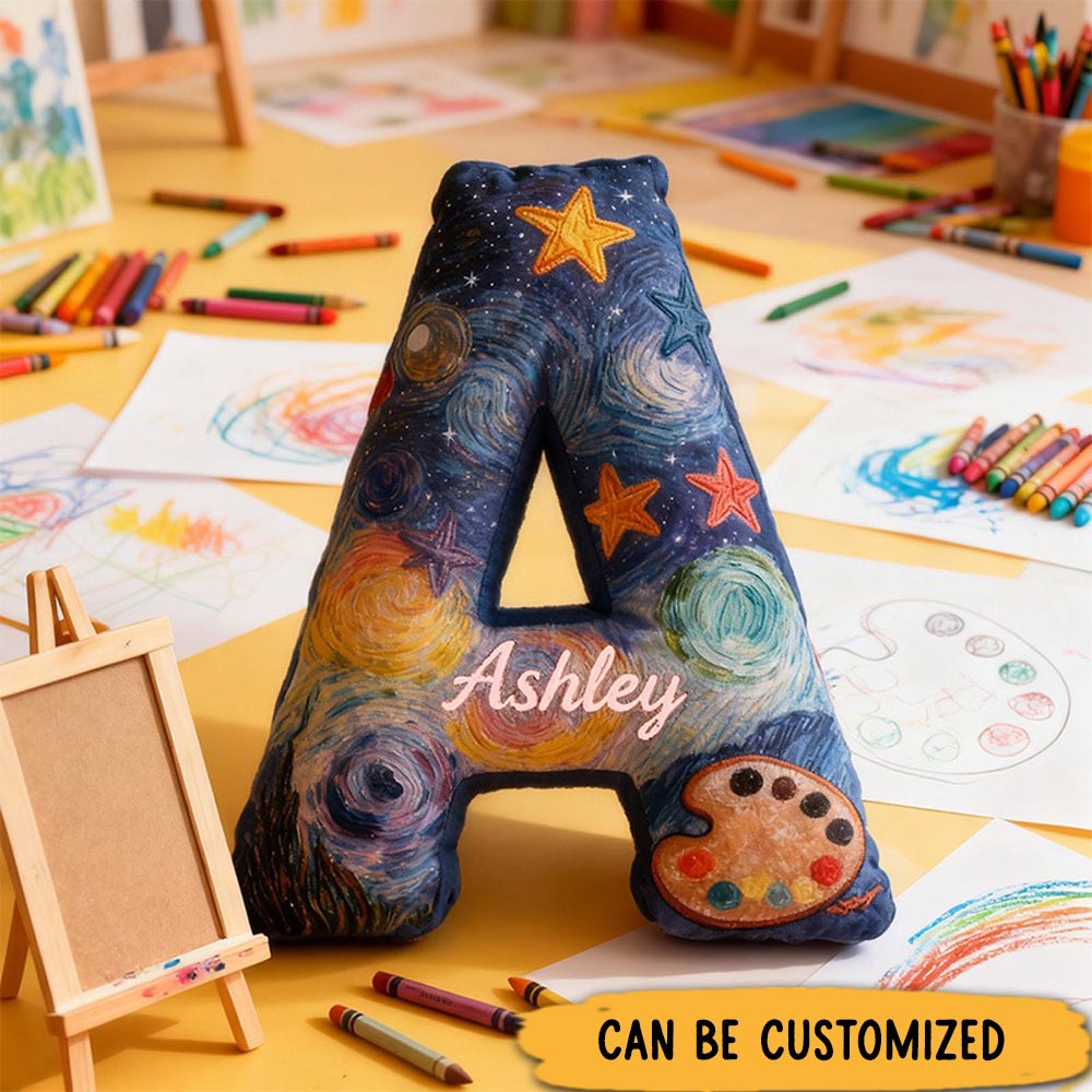 Personalized Graphic 3D Print Van Gogh Inspired Starry Night Alphabet Shaped Pillow for Art Lovers Initial Pillow Christmas Gift for Kids