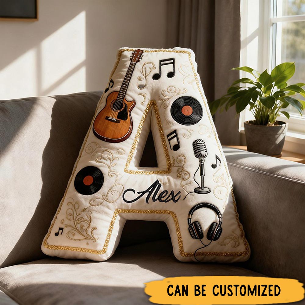 Personalized Graphic 3D Print Vinyl Records and Guitars Pillow With Your Own Name Soft Stuffed Toy for Kids Music Lovers Unique Decorative Cushion for Room