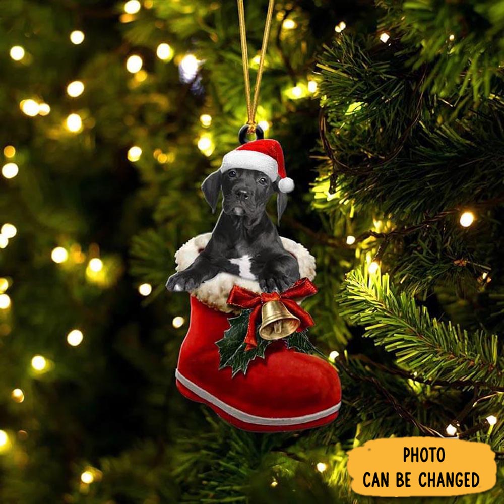 Personalized Great Dane In Santa Boot Christmas Hanging Ornament Joyful Holiday Season Ornament Gift