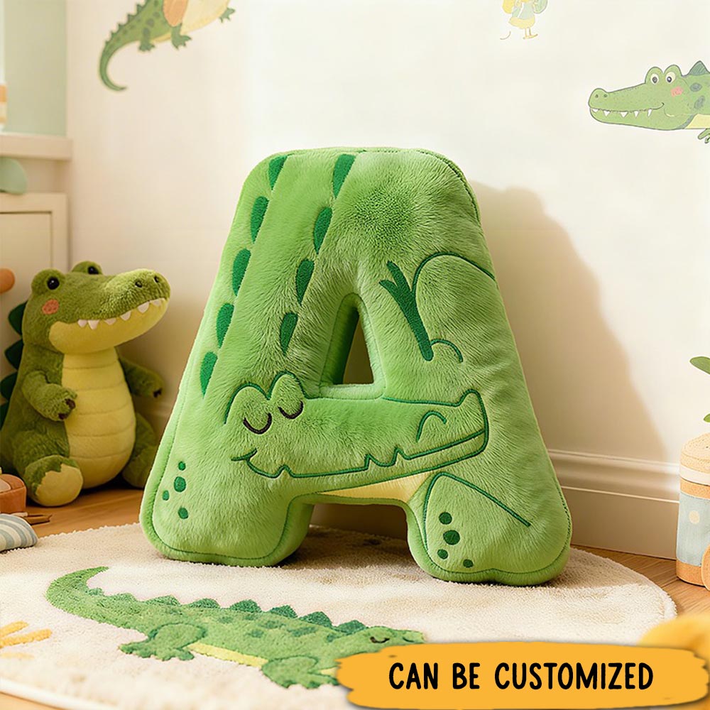 Personalized Green Crocodile Letter Initial Custom Name Soft Decorative Gift Fun Boys Room Jungle Animal Alphabet Graphic 3D Print Pillow