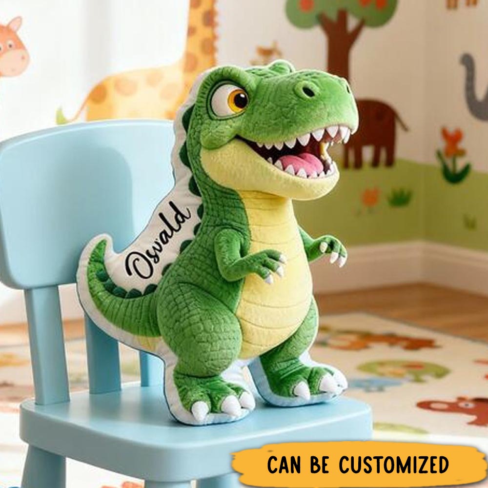Personalized Green Dinosaur Name Custom Soft Decorative Gift Fun Adventure Style Cute T Rex Cozy Bedroom Playroom Lovely Boy Toy Friendly Animal Graphic 3D Print Pillow