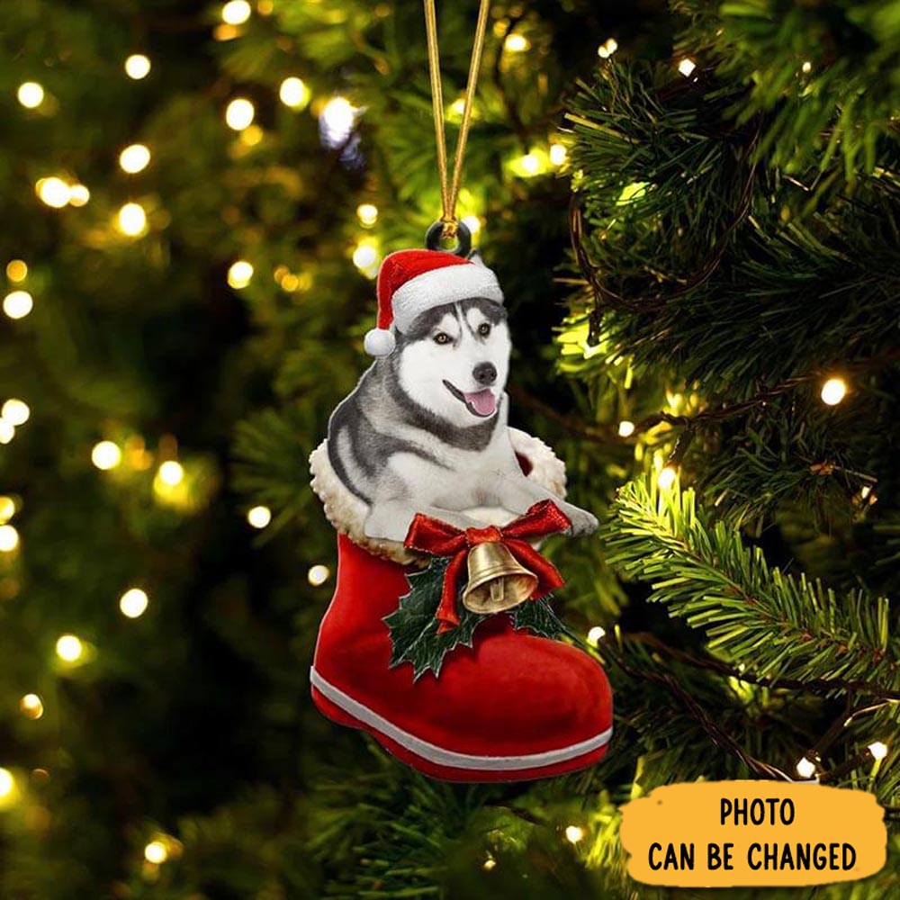 Personalized Grey Husky In Santa Boot Christmas Hanging Ornament Heartwarming Family Ornament Keepsake