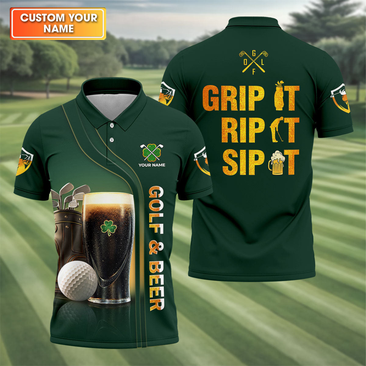 Personalized Grip It Rip It Sip It Golf And Beer Guinness Polo Shirt Golf Tops Gift For Him