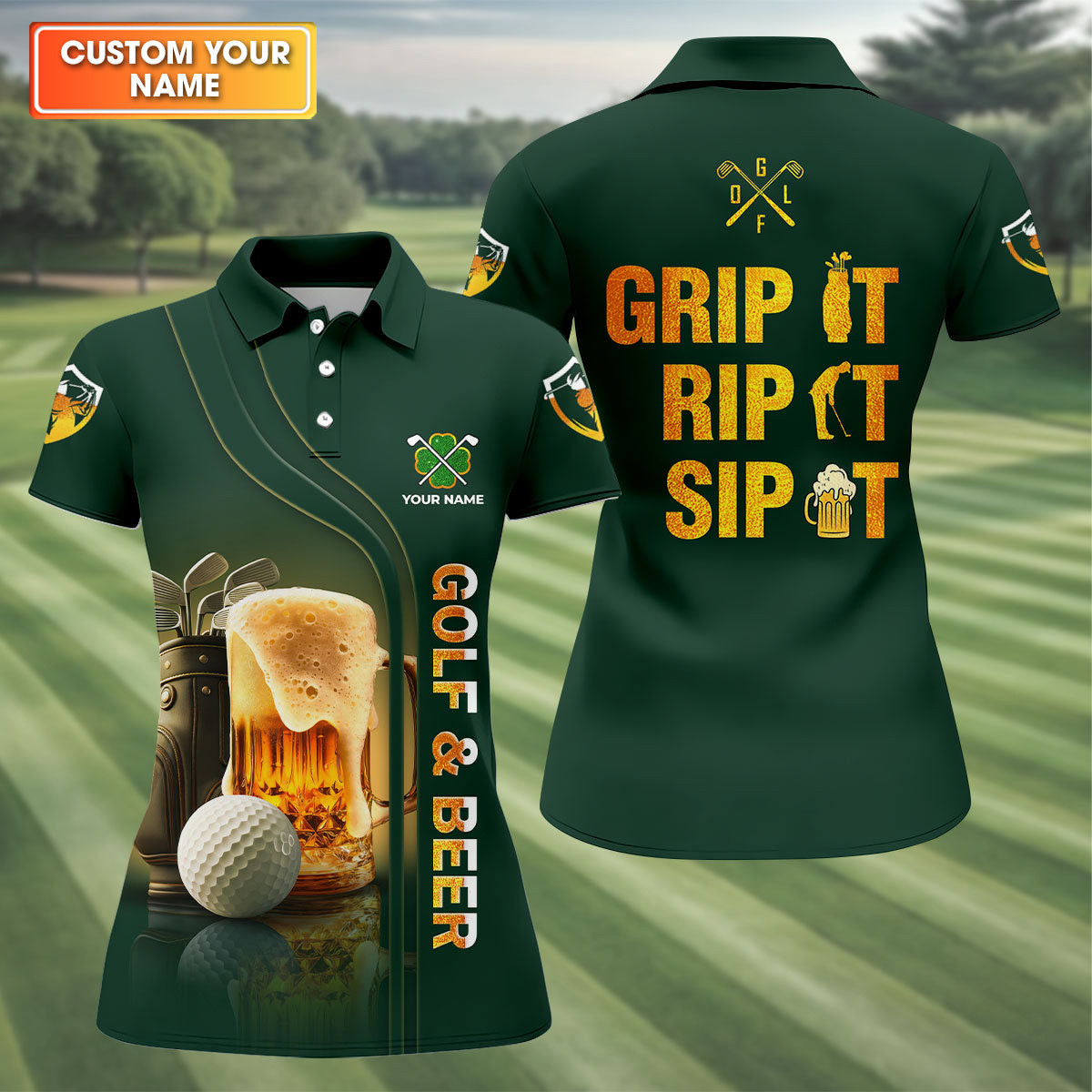 Personalized Grip It Rip It Sip It Golf And Beer St Patrick's Day Polo Shirt Golf Attire For Mom Best Gift For Wife