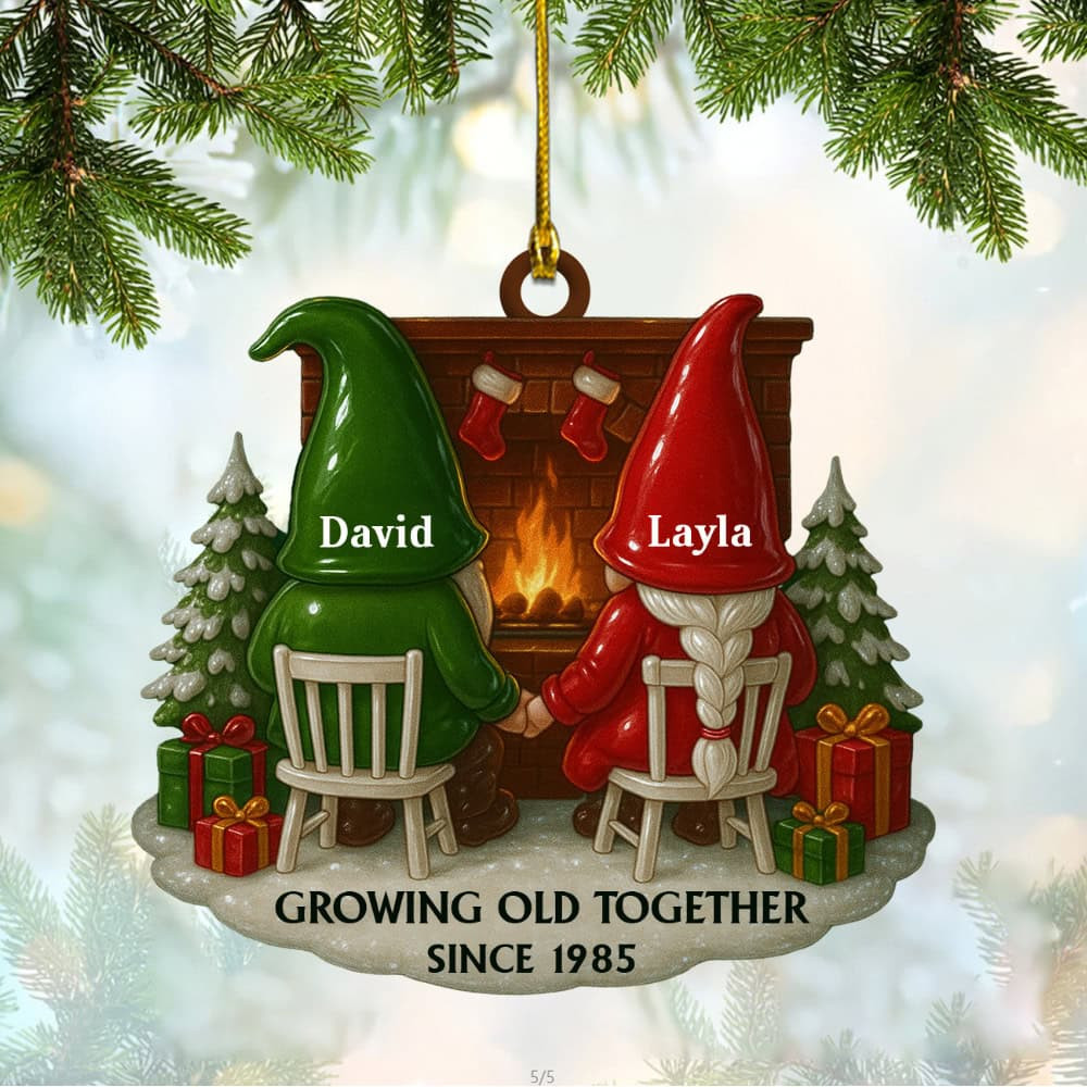 Personalized Growing Old Together Gnomes By The Fireplace Custom Acrylic Ornament Gift For Couples And Elderly
