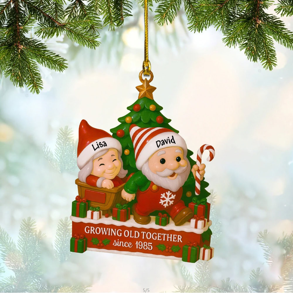 Personalized Growing Old Together Santa Hats And Christmas Tree Personalized Flat Acrylic Ornament Gift For Couples