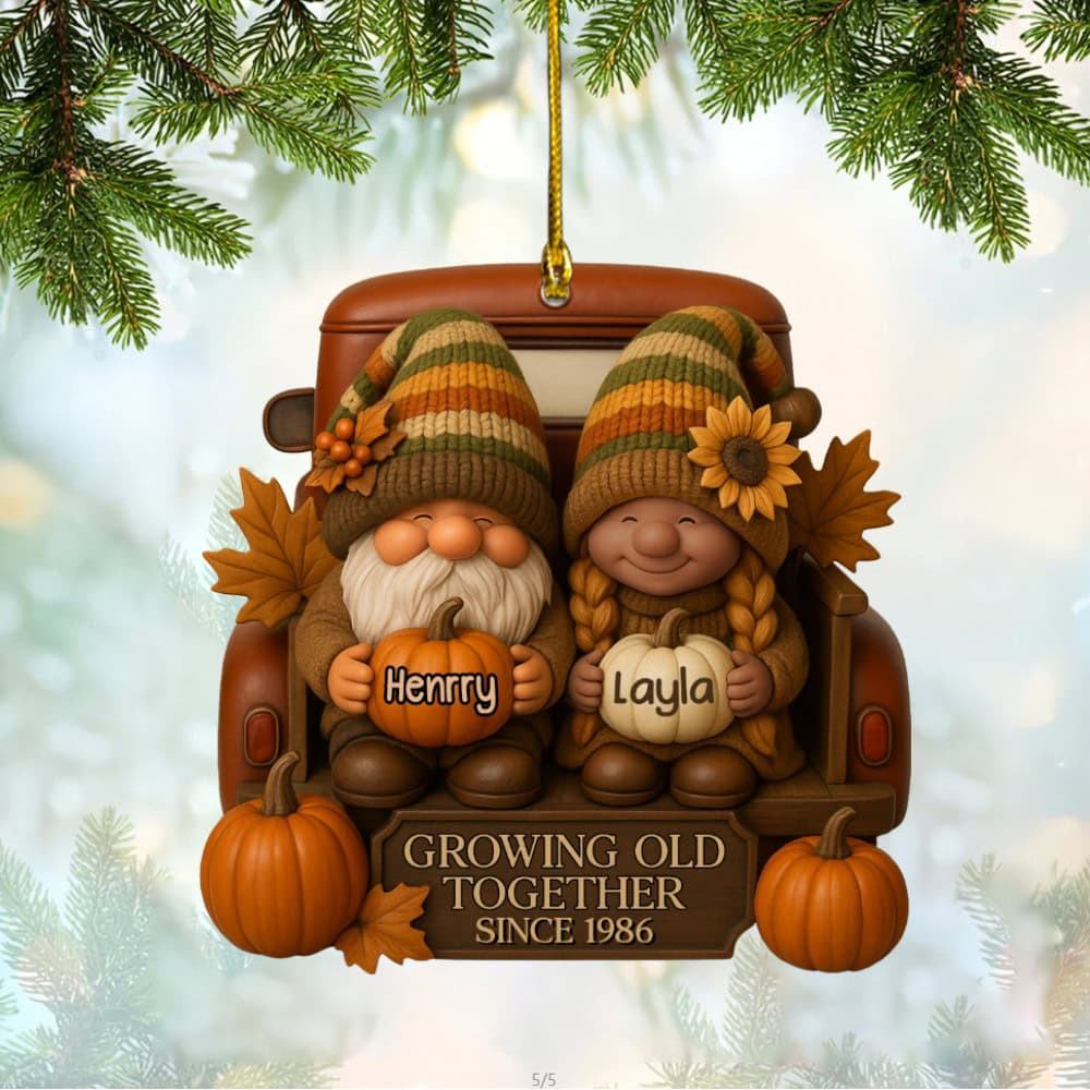 Personalized Growing Old Together With Gnomes And Autumn Leaves Personalized Custom Flat Acrylic Ornament Gift For Couples And Family