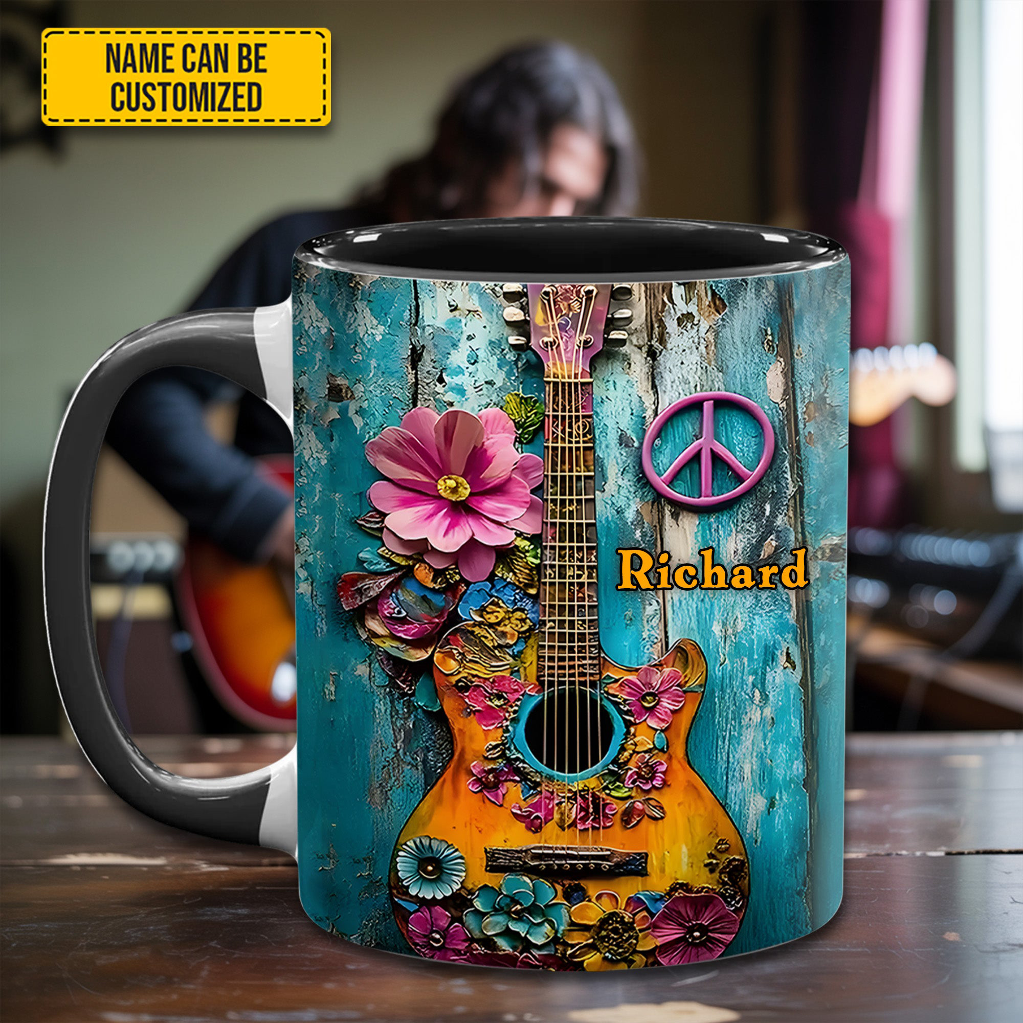 Personalized Guitar Flower Hippie Guitar Mug Hippie Themed Coffee Mug Gifts For Guitar Players