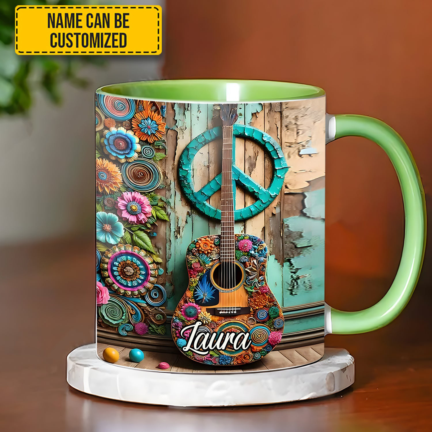 Personalized Guitar Hippie Mug Floral Design Hippie Cup Gifts For Guitar Lovers