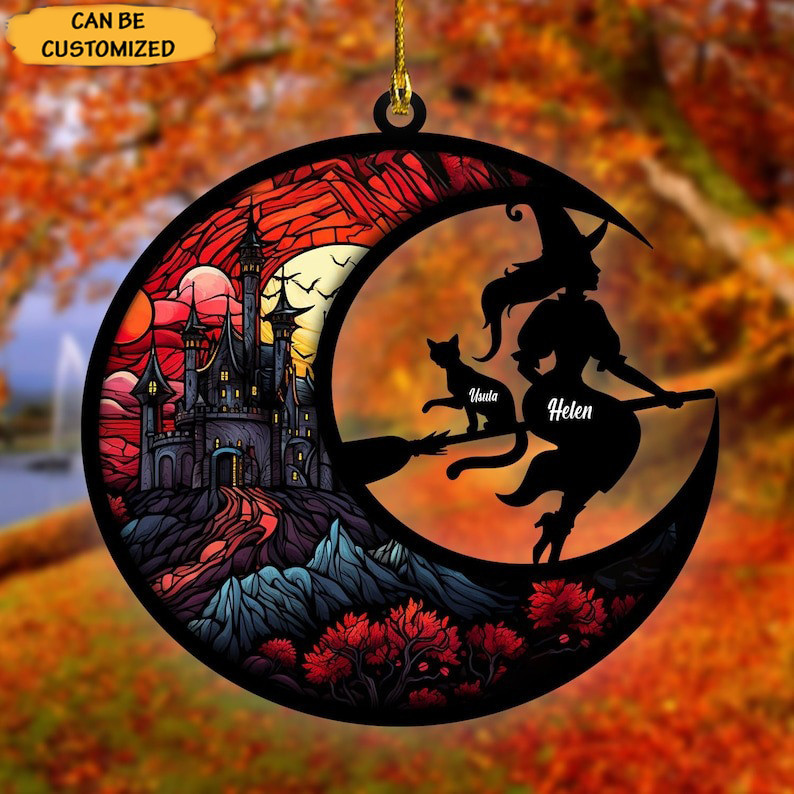 Personalized Halloween Cat And Witch Ornament Halloween Ideas Moon Ornament Decor Gifts