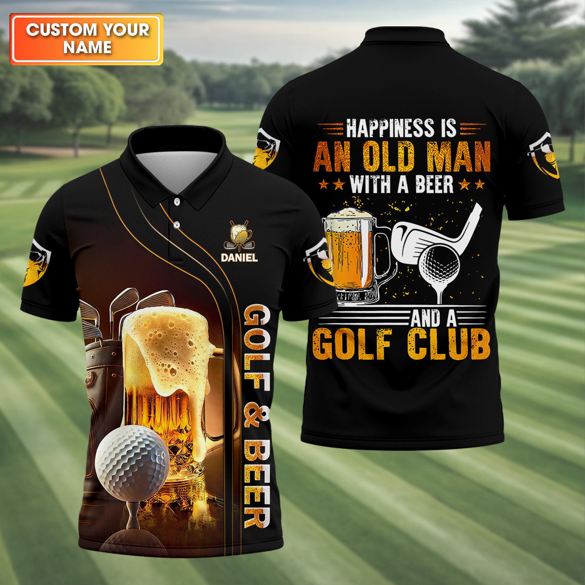 Personalized Happiness Is An Old Man With A Beer And A Golf Club Polo Shirt Best Golf Clothing Gift For Him