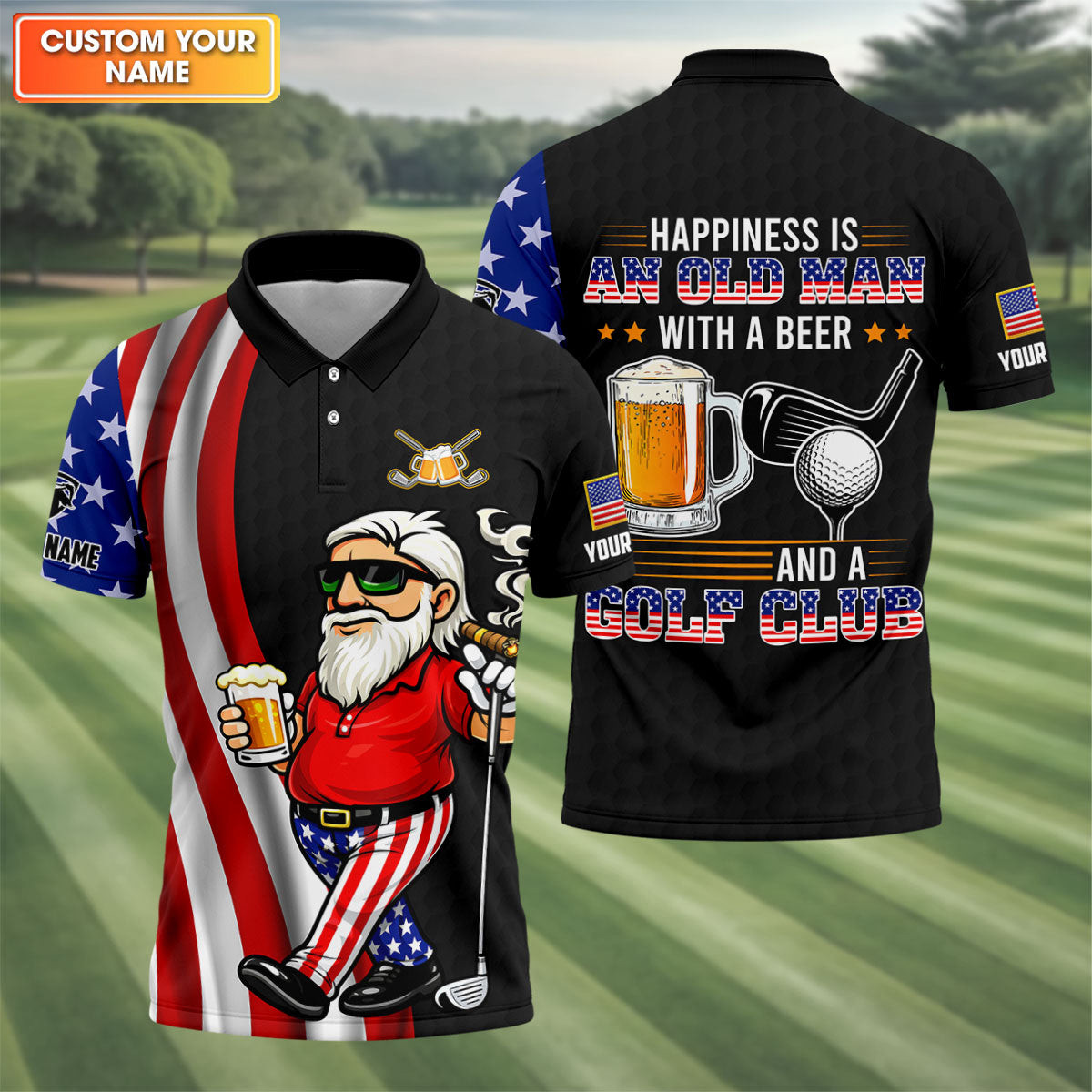 Personalized Happiness Is An Old Man With A Beer Funny 4th Of July Polo Shirt Best Golf Attire