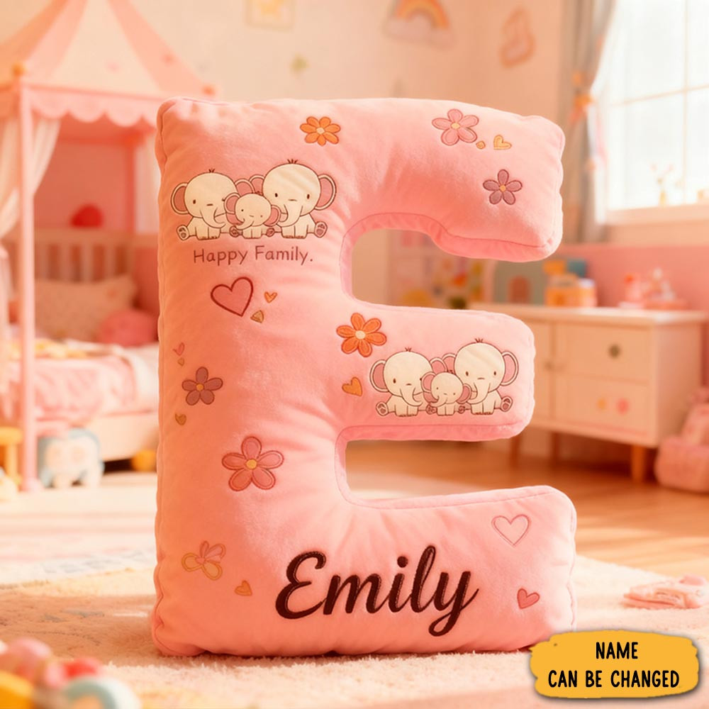 Personalized Happly Family Pink Elephant 26 Letter Graphic 3d Print Pillow Family Gift With Custom Name Design