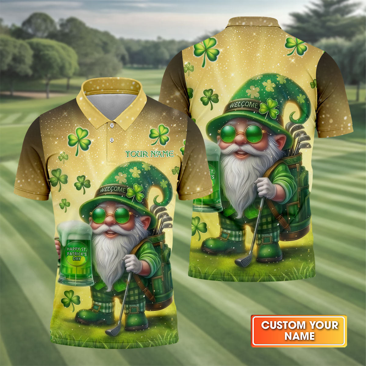 Personalized Happy St Patrick's Day Shamrock Gnome Golf And Beer Polo Shirt Best Golf Attire