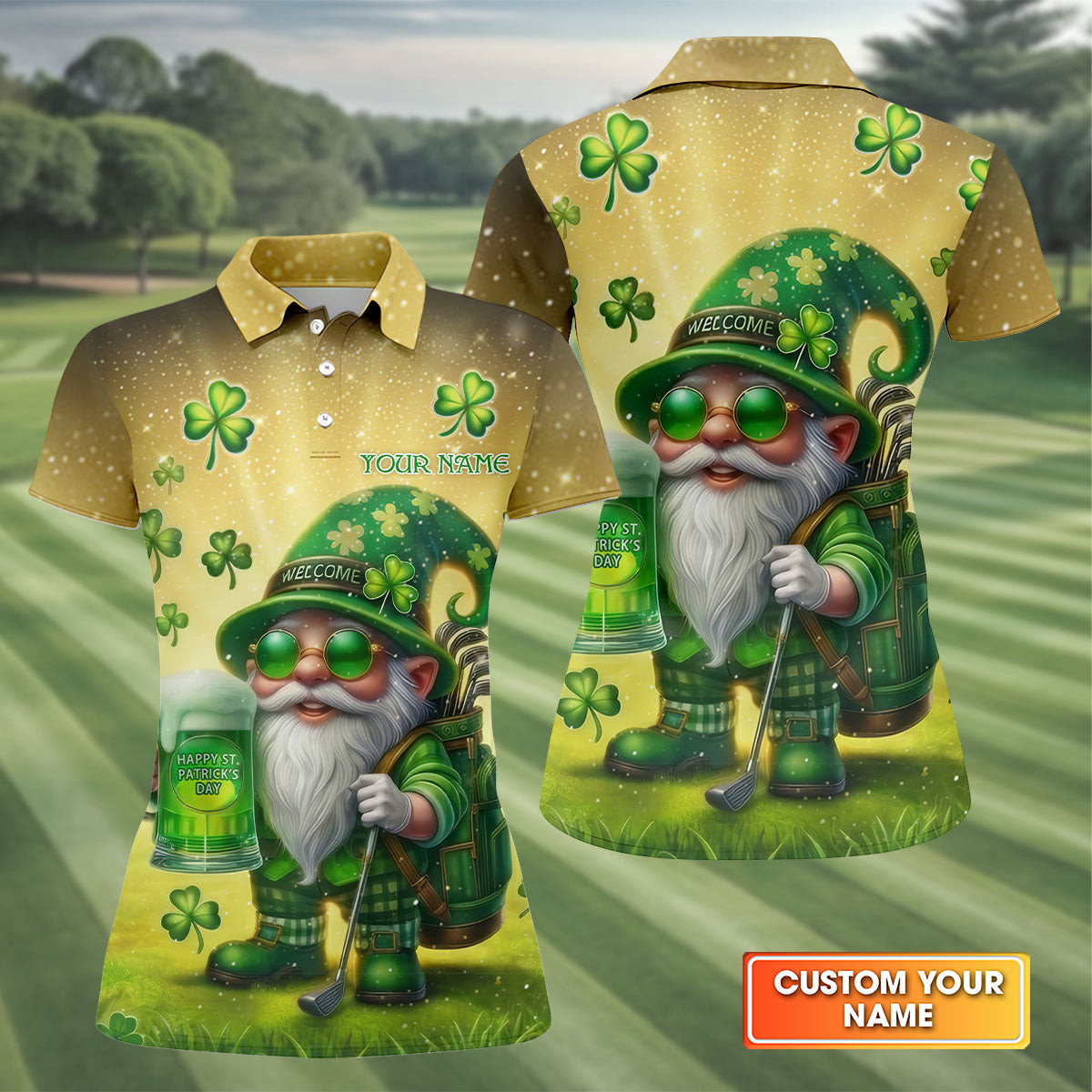 Personalized Happy St Patrick's Day Shamrock Gnome Golf And Beer Polo Shirt Golf Merch Wife Gifts