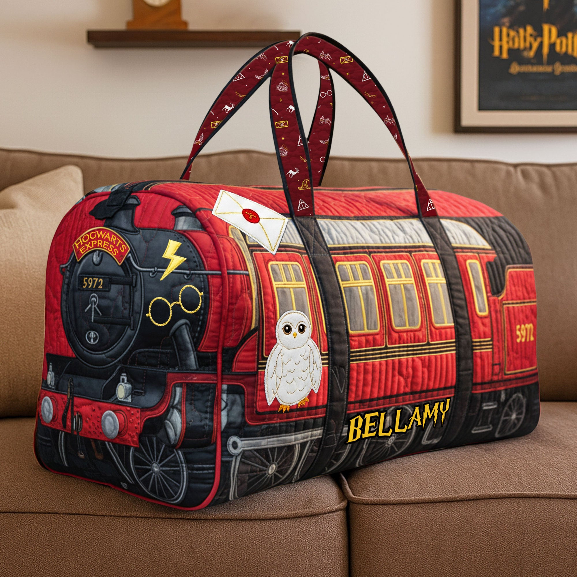 Personalized Harry Potter Hogwarts Express Quilted Duffle Bag Hedwig Owl Fan Gear Gift For HP Fans