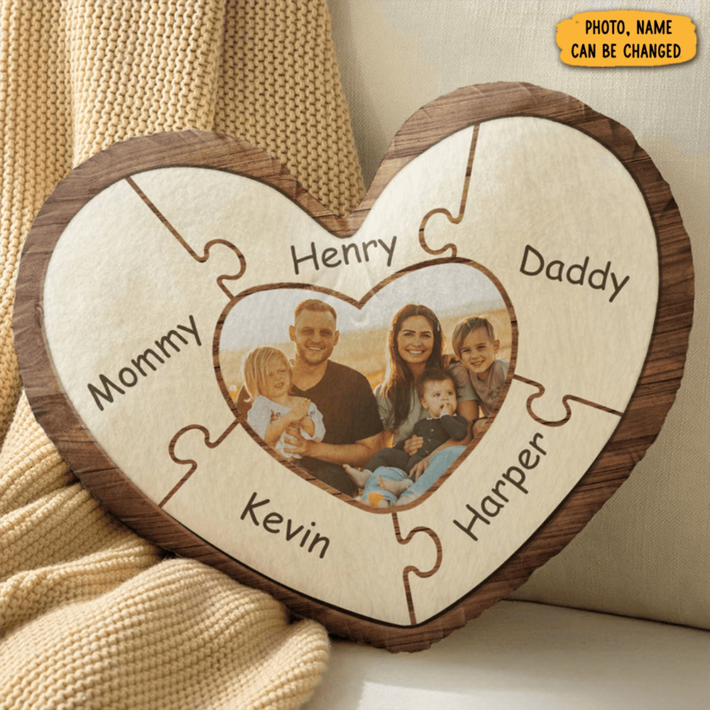 Personalized Heart Shaped Custom Photo Puzzle Name Pillow For Family