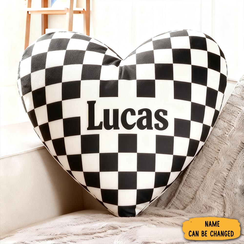 Personalized Heart Shaped Racing Checkered Pillow Custom Name Black And White Cushion Gift For Racing And Car Lovers
