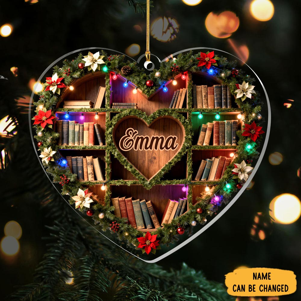 Personalized Hearted Bookshelf Christmas Ornament Floral Themed Christmas Decor Gifts