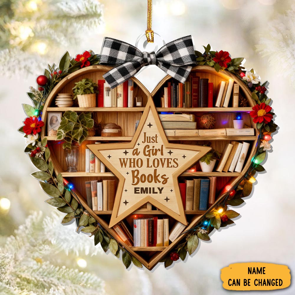 Personalized Hearted Bookshelf Christmas Ornament Floral Themed Gifts For Flower Lovers