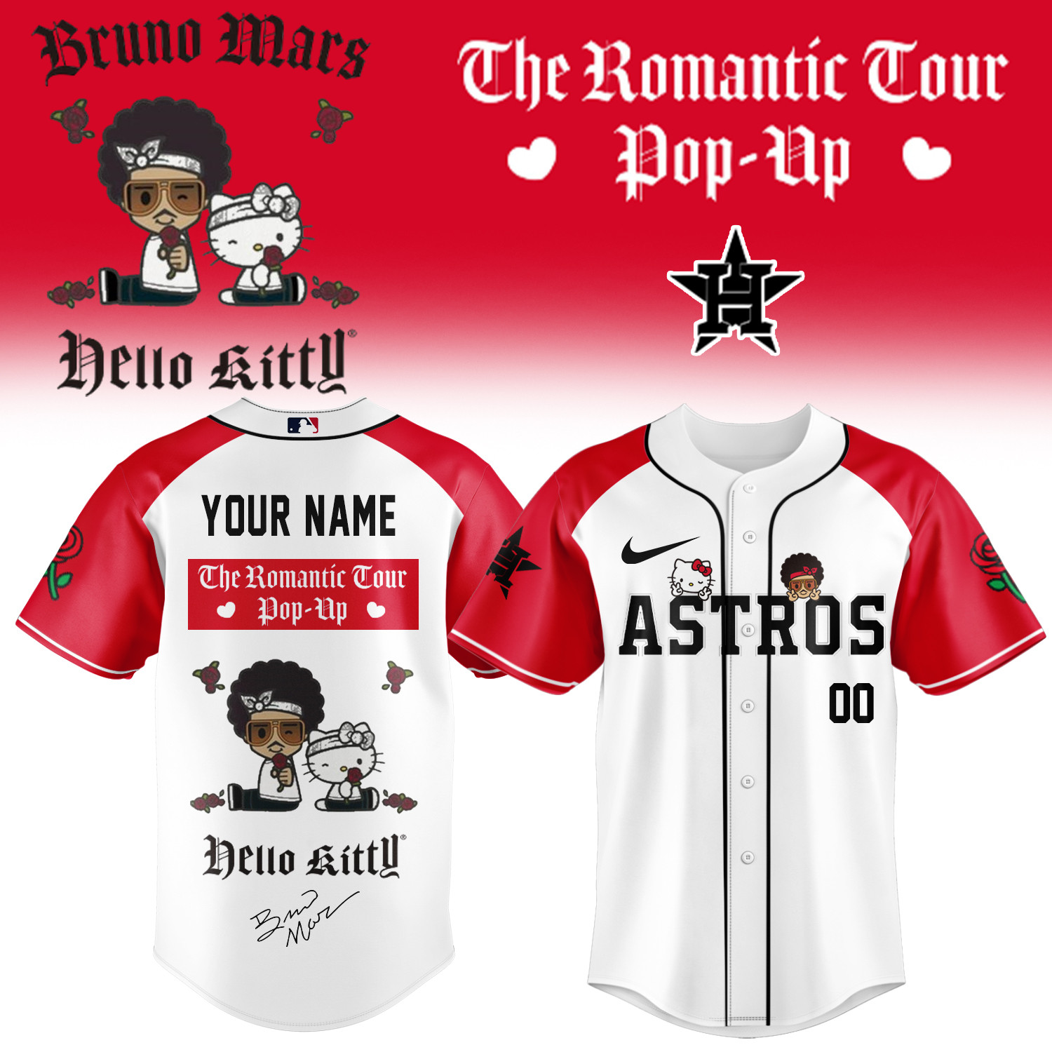 Personalized Hello Kitty x Bruno Mars Houston Astros Jersey The Romantic Tour Shirt Bruno Mars Fans Gift