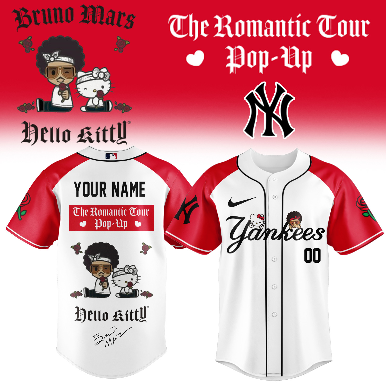 Personalized Hello Kitty x New York Yankees Jersey The Romantic Tour Merch Game Day Gear