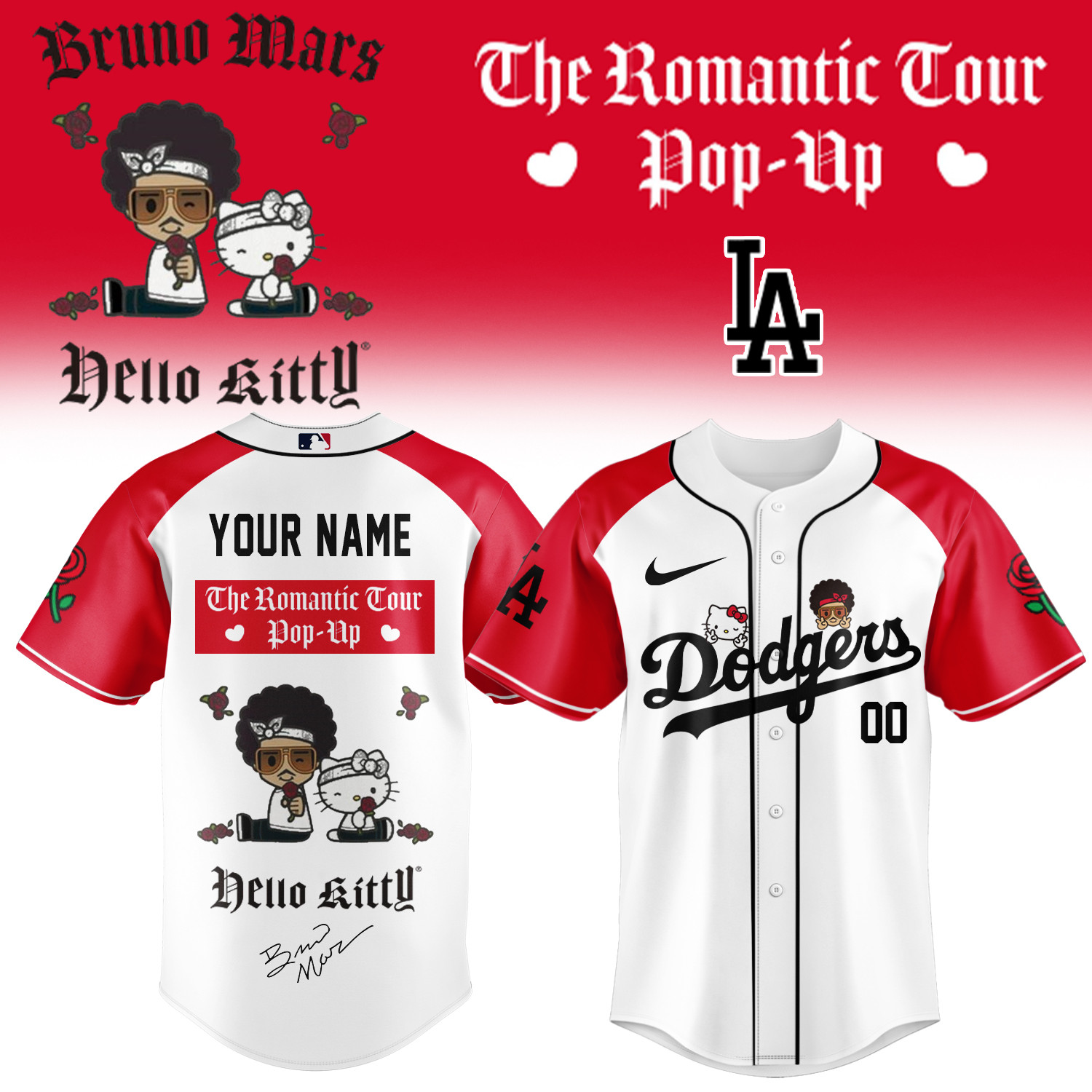 Personalized Hello Kity x Bruno Mars LA Dodgers Jersey The Romantic Tour Clothes Baseball Gift Idea