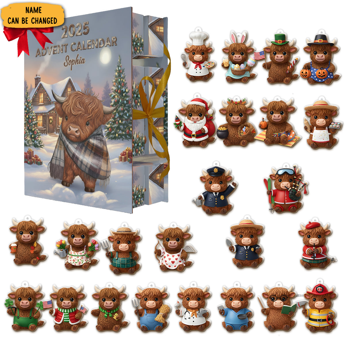 Personalized Highland Cow Folded Advent Calendar Cute Xmas Decor Cow Lover Christmas Gifts