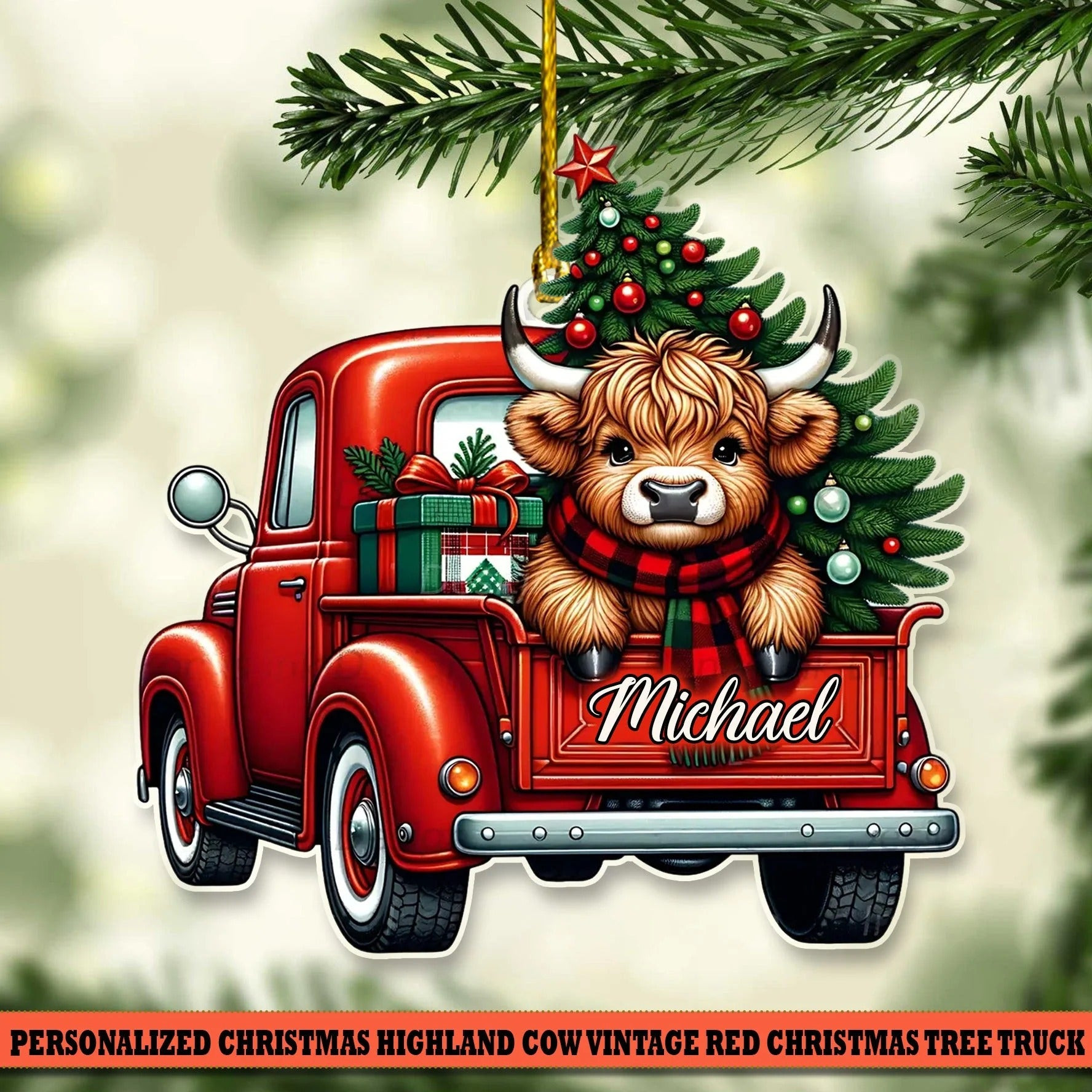 Personalized Highland Cow Red Truck Christmas Ornament Christmas Decor Gift Ideas