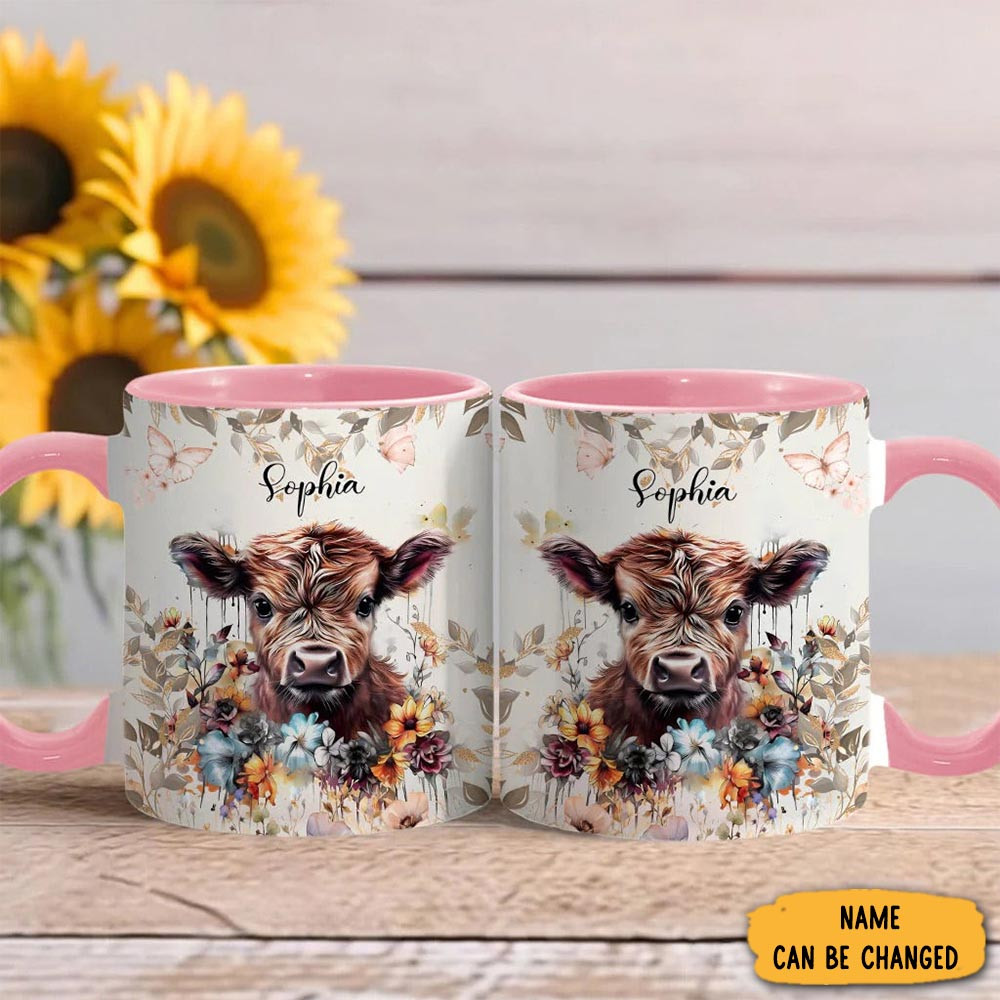 Personalized Highland Cow With Flowers Mug Cute Coffee Mug Presents For Cow Owners