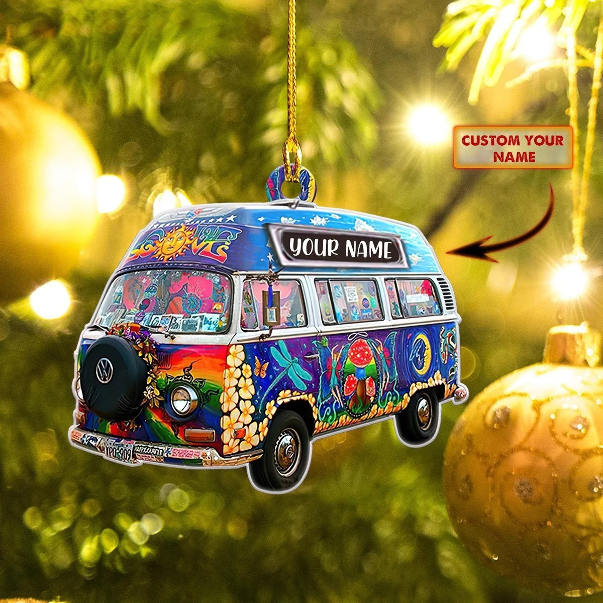 Personalized Hippie Bus Ornament 2024 Christmas Tree Hanging Ornaments
