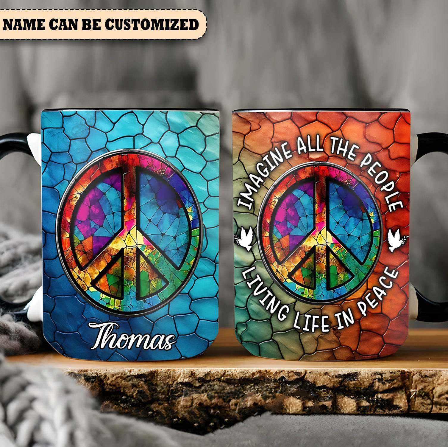 Personalized Hippie Symbol Mug Imagine All The People Living Life In Peace Mug Best Presents