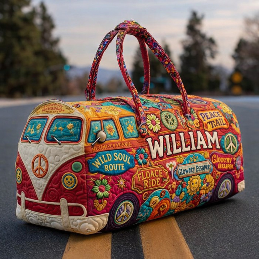 Personalized Hippie Van Quilted Duffle Bag Wild Soul Route Peace Trail Best Gift For Free Spirits
