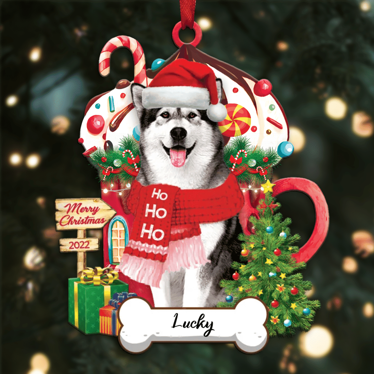Personalized Ho Ho Ho Alaskan Dog Christmas Ornament for Christmas Tree Decor