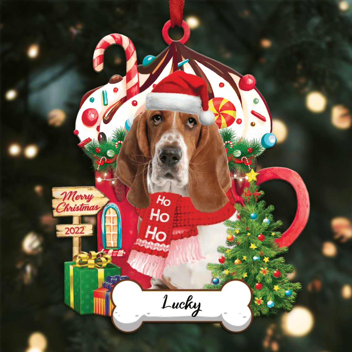 Personalized Ho Ho Ho Basset Hound Dog Christmas Ornament for Christmas Tree Decor