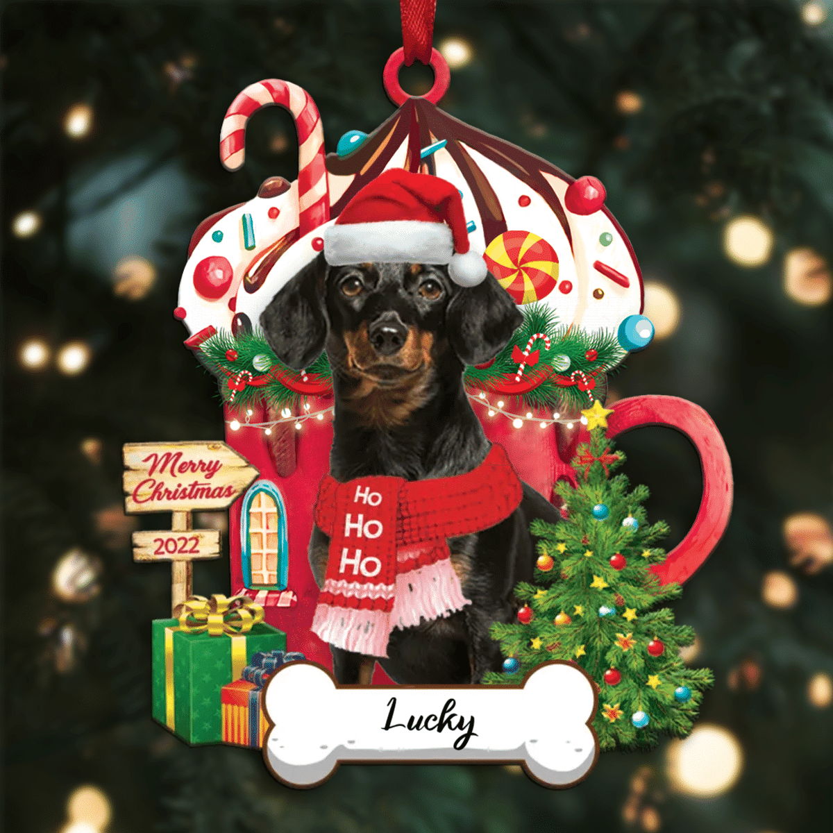 Personalized Ho Ho Ho Black Dachshund Dog Christmas Ornament for Dog Lovers