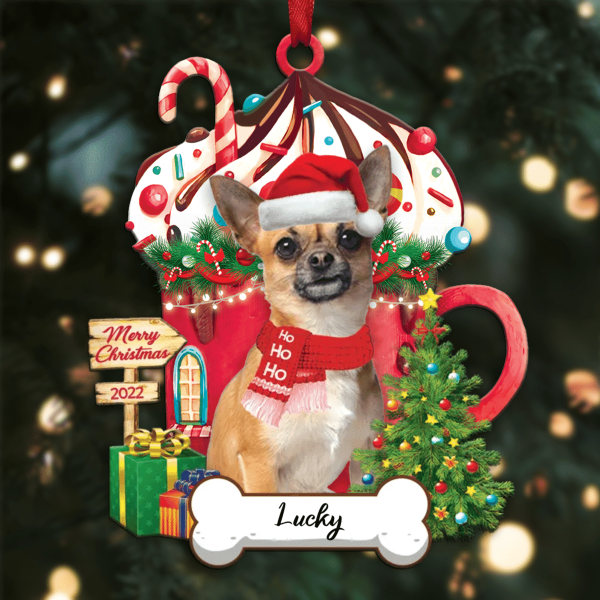 Personalized Ho Ho Ho Yellow Chihuahua Dog Christmas Ornament for Dog Lovers