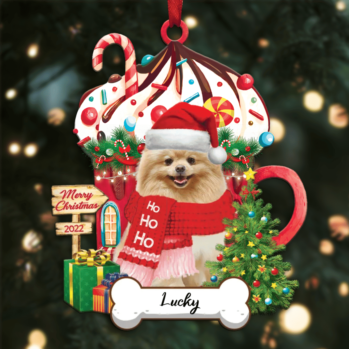 Personalized Ho Ho Ho Yellow Pomeranian Spitz Dog Christmas Ornament for Dog Lovers