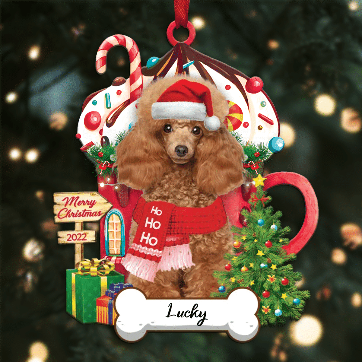Personalized Ho Ho Ho Yellow Poodle Miniature Dog Christmas Ornament for Dog Lovers
