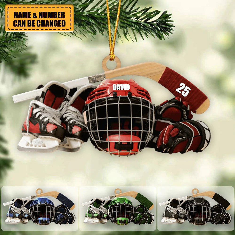 Personalized Hockey Skates Helmet And Stick Christmas Ornament Flat Acrylic Ornament  Gift For Hockey Lover